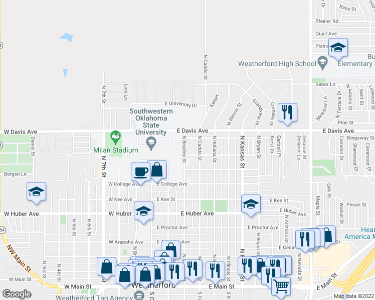 map of restaurants, bars, coffee shops, grocery stores, and more near 1008 North Bradley Street in Weatherford