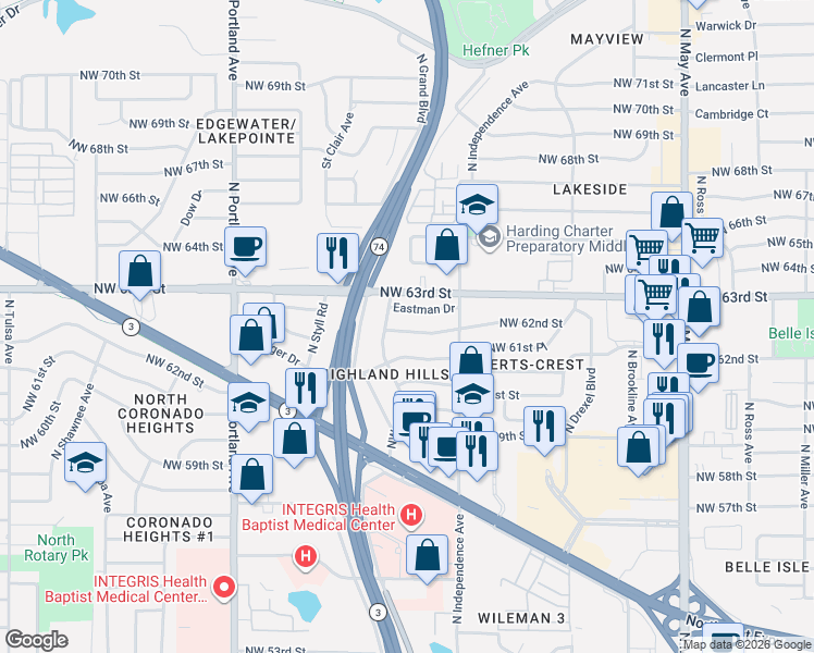 map of restaurants, bars, coffee shops, grocery stores, and more near 3335 Goodger Drive in Oklahoma City