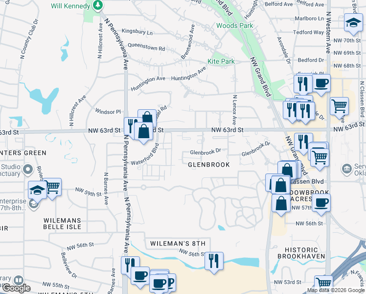 map of restaurants, bars, coffee shops, grocery stores, and more near 1516 Glenbrook Drive in Oklahoma City