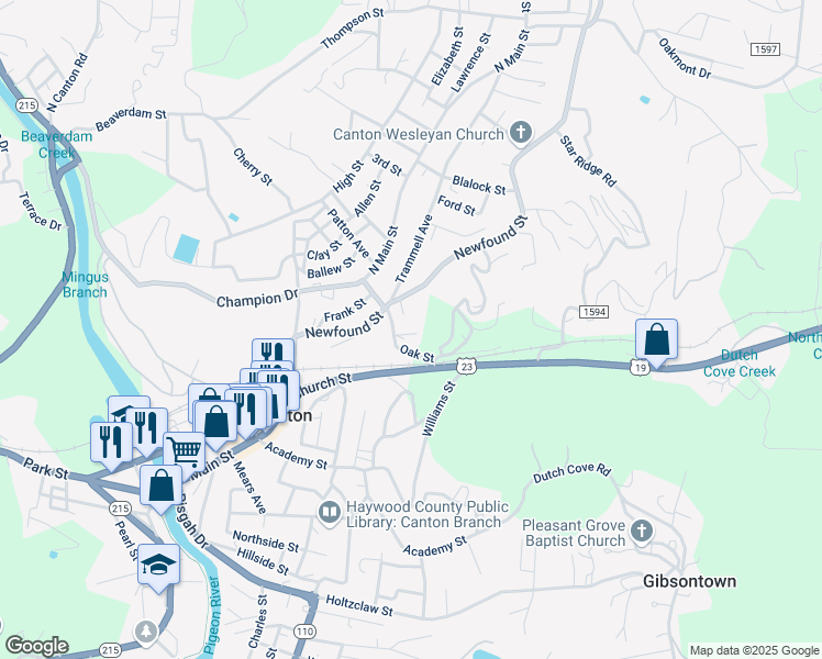 map of restaurants, bars, coffee shops, grocery stores, and more near 16 Oak Street in Canton