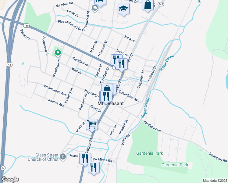 map of restaurants, bars, coffee shops, grocery stores, and more near 205 North Main Street in Mount Pleasant