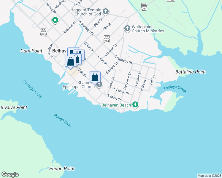map of restaurants, bars, coffee shops, grocery stores, and more near 344 Cedar Street in Belhaven