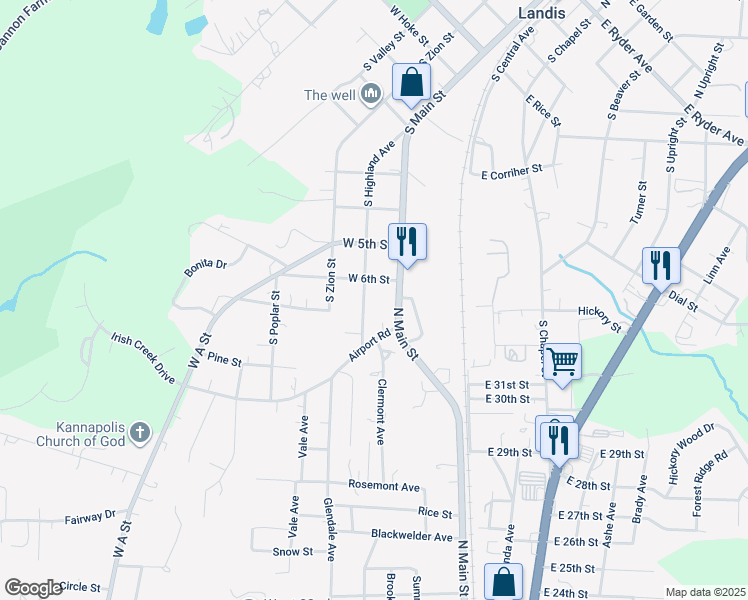 map of restaurants, bars, coffee shops, grocery stores, and more near 3203 North Main Street in Landis
