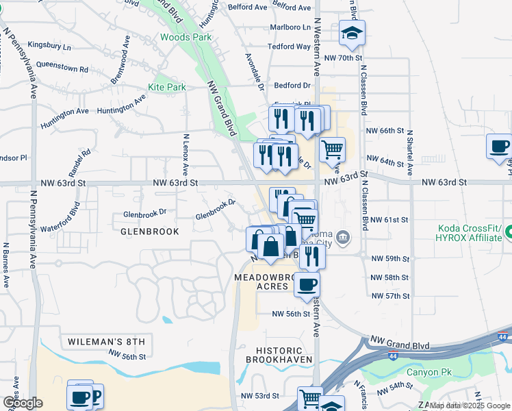 map of restaurants, bars, coffee shops, grocery stores, and more near 6219 Northwest Grand Boulevard in Oklahoma City