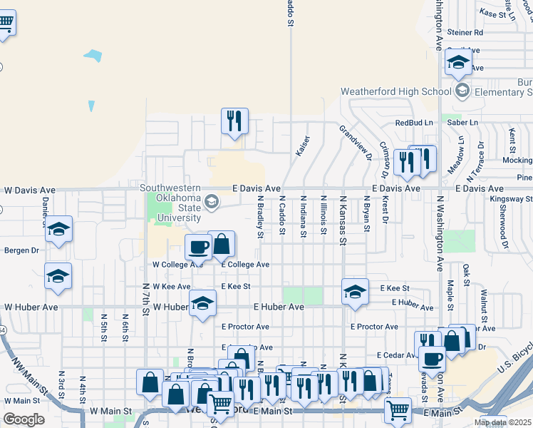 map of restaurants, bars, coffee shops, grocery stores, and more near 310 East Oklahoma Avenue in Weatherford