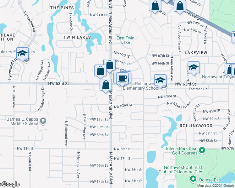 map of restaurants, bars, coffee shops, grocery stores, and more near 5821 Northwest 62nd Terrace in Warr Acres