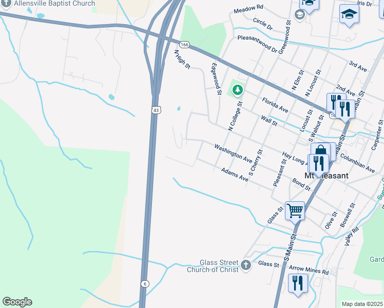 map of restaurants, bars, coffee shops, grocery stores, and more near 609 Adams Avenue in Mount Pleasant