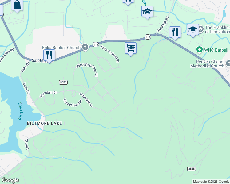 map of restaurants, bars, coffee shops, grocery stores, and more near 648 Welsh Partridge Circle in Buncombe County