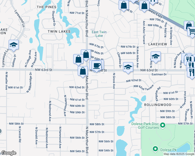 map of restaurants, bars, coffee shops, grocery stores, and more near 5804 Northwest 63rd Street in Warr Acres