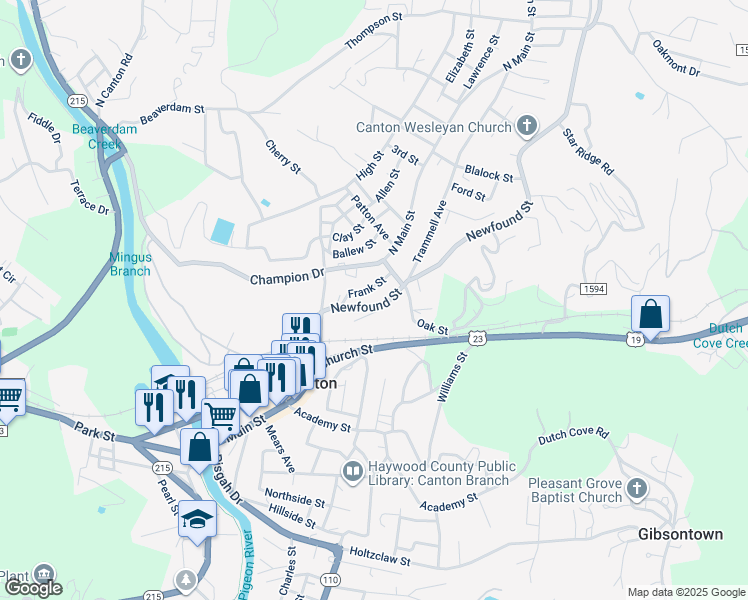 map of restaurants, bars, coffee shops, grocery stores, and more near 30 North Main Street in Canton