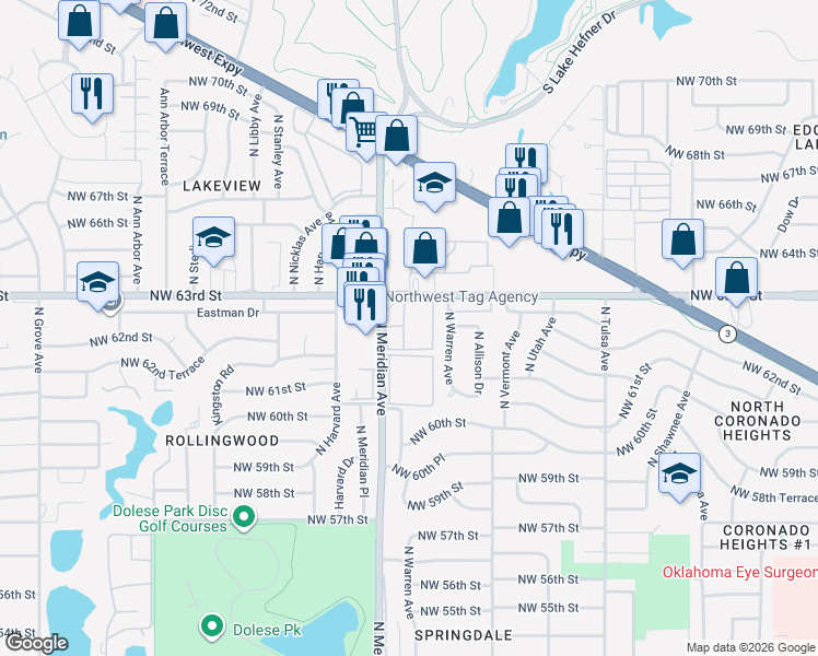 map of restaurants, bars, coffee shops, grocery stores, and more near 4432 Northwest 63rd Street in Oklahoma City