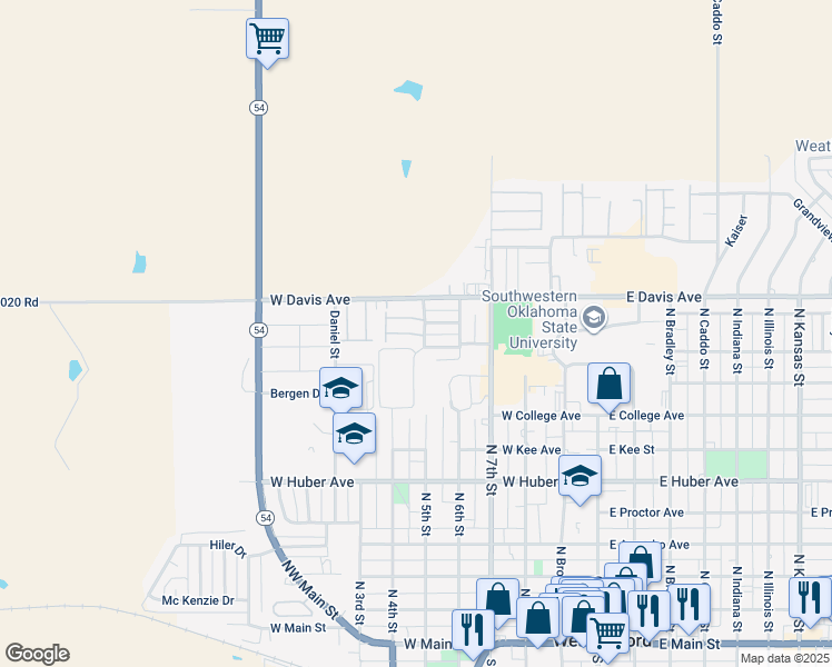 map of restaurants, bars, coffee shops, grocery stores, and more near 601 West Oklahoma Avenue in Weatherford