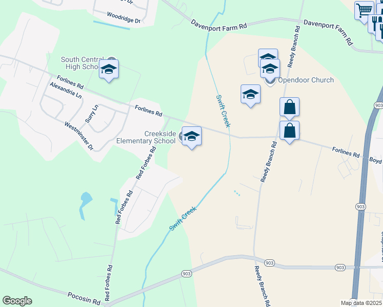 map of restaurants, bars, coffee shops, grocery stores, and more near 431 Forlines Road in Winterville