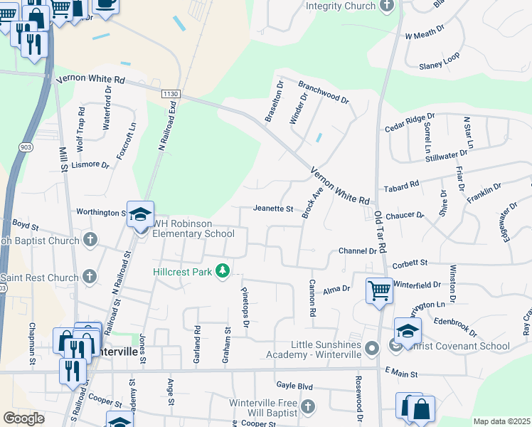 map of restaurants, bars, coffee shops, grocery stores, and more near 2330 Ethel Street in Winterville
