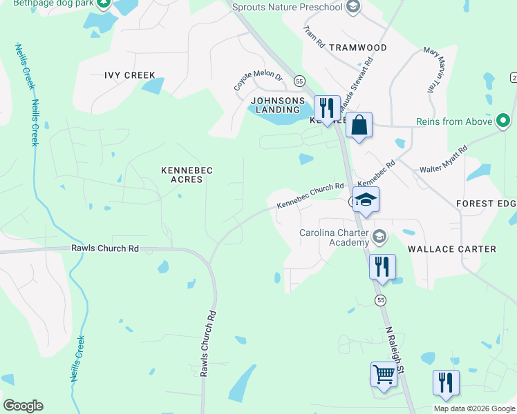 map of restaurants, bars, coffee shops, grocery stores, and more near 9140 Dupree Meadow Drive in Angier