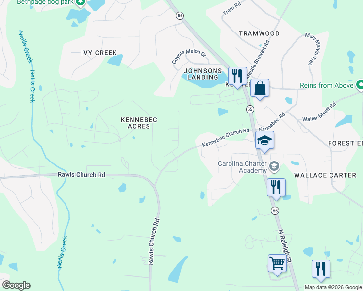 map of restaurants, bars, coffee shops, grocery stores, and more near 9140 Dupree Meadow Drive in Angier