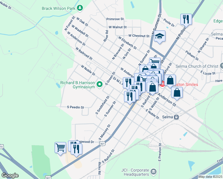 map of restaurants, bars, coffee shops, grocery stores, and more near 300 South Smithfield Street in Selma