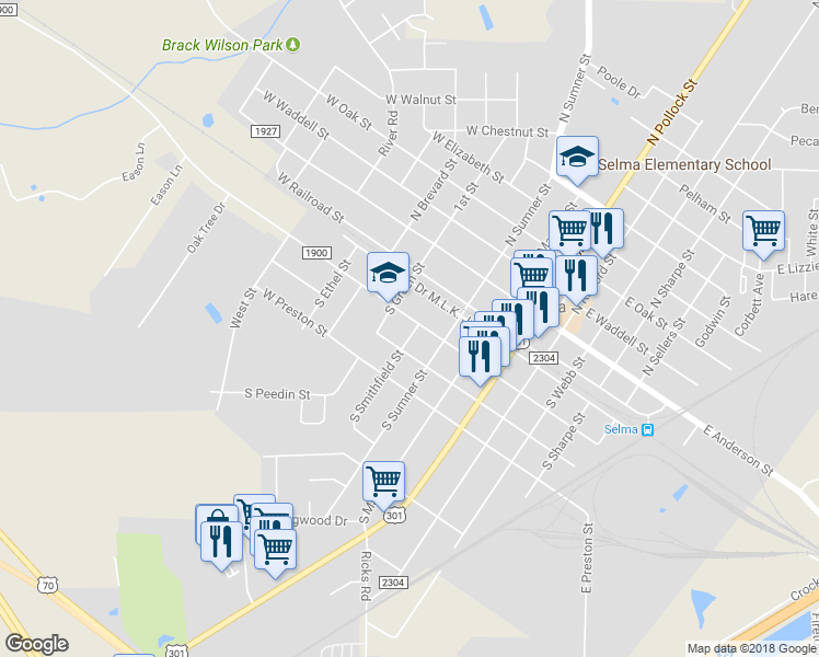 map of restaurants, bars, coffee shops, grocery stores, and more near 300 South Smithfield Street in Selma