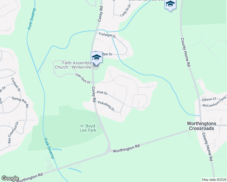 map of restaurants, bars, coffee shops, grocery stores, and more near 2104 Forest Place in Winterville