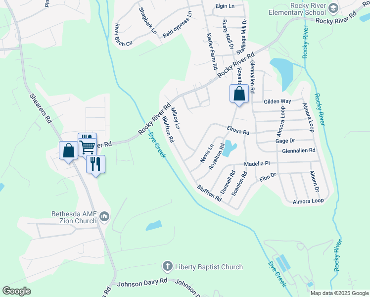 map of restaurants, bars, coffee shops, grocery stores, and more near 142 Milroy Lane in Mooresville