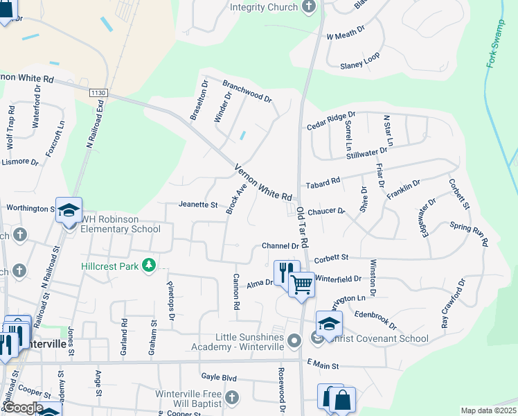 map of restaurants, bars, coffee shops, grocery stores, and more near 2329 Blackstone Drive in Winterville