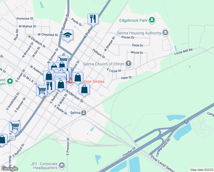 map of restaurants, bars, coffee shops, grocery stores, and more near 507 Corbett Avenue in Selma
