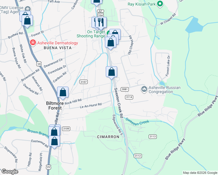 map of restaurants, bars, coffee shops, grocery stores, and more near 99999 Rock Hill Circle in Asheville