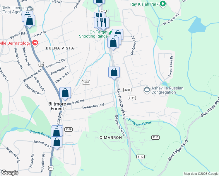 map of restaurants, bars, coffee shops, grocery stores, and more near 99999 Rock Hill Circle in Asheville