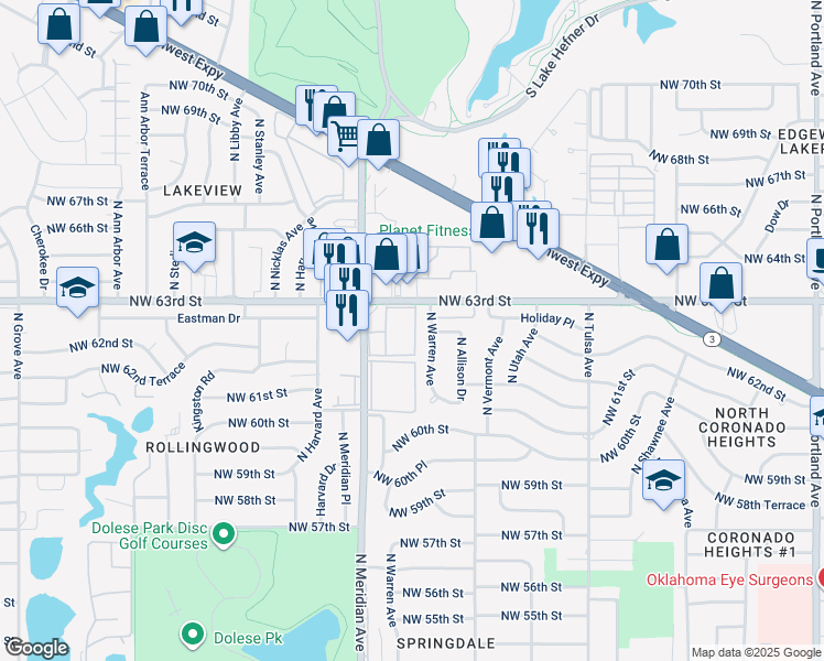 map of restaurants, bars, coffee shops, grocery stores, and more near 4400 Northwest 63rd Street in Oklahoma City