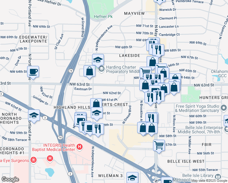 map of restaurants, bars, coffee shops, grocery stores, and more near 3121 Northwest 62nd Street in Oklahoma City