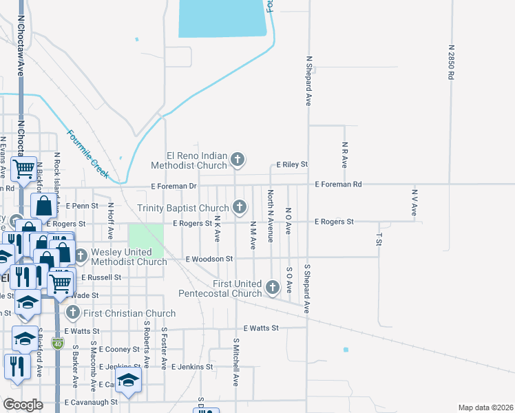 map of restaurants, bars, coffee shops, grocery stores, and more near 241 North North Avenue in El Reno
