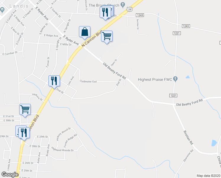 map of restaurants, bars, coffee shops, grocery stores, and more near 1243 Dial Street in Kannapolis