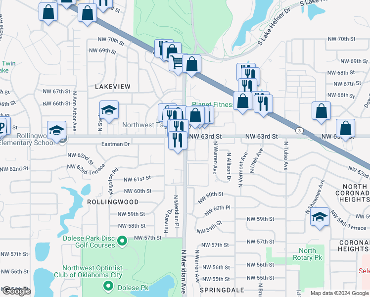 map of restaurants, bars, coffee shops, grocery stores, and more near 6222 North Meridian Avenue in Oklahoma City