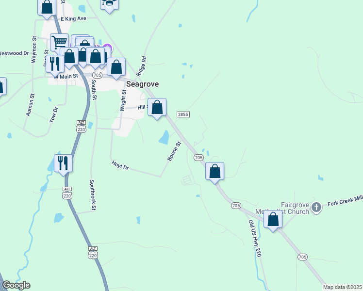 map of restaurants, bars, coffee shops, grocery stores, and more near 121 Boone Street in Seagrove