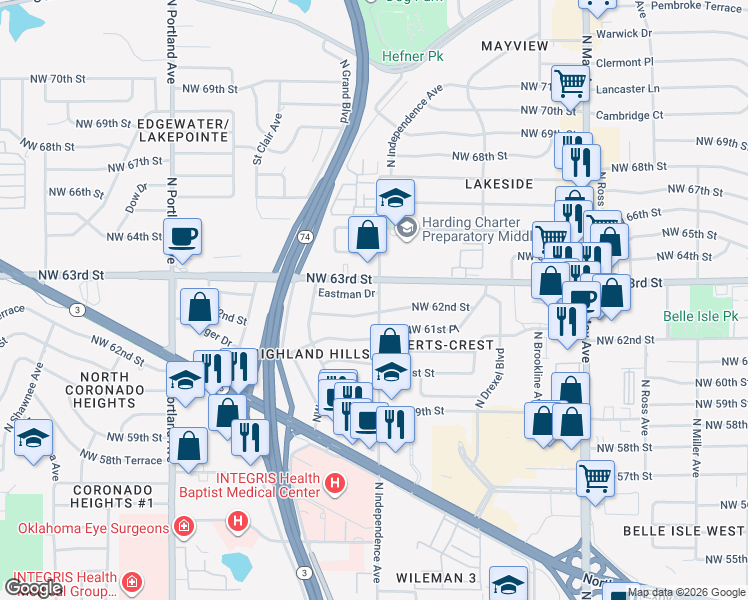 map of restaurants, bars, coffee shops, grocery stores, and more near 3300 Eastman Drive in Oklahoma City
