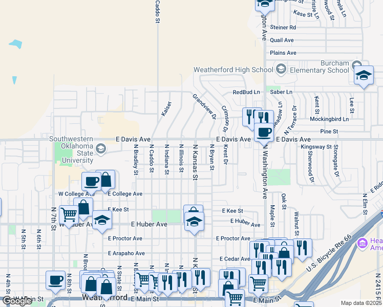 map of restaurants, bars, coffee shops, grocery stores, and more near 623 East Arlington Avenue in Weatherford