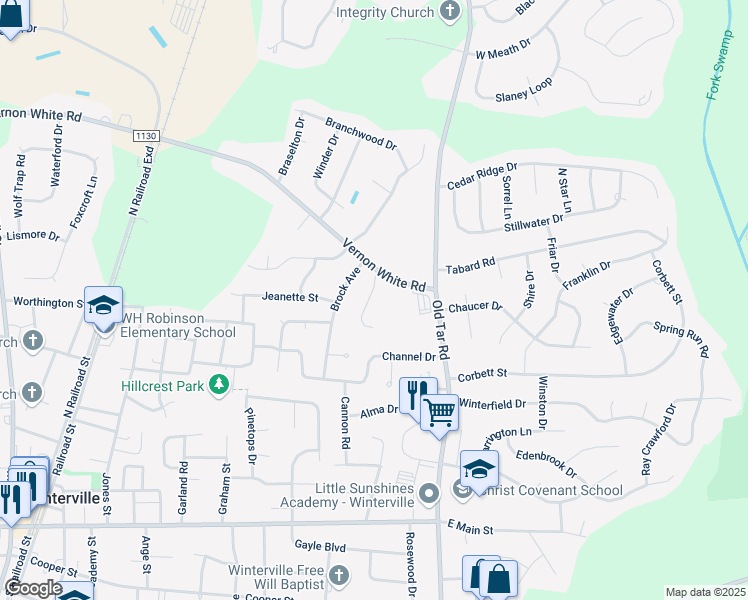 map of restaurants, bars, coffee shops, grocery stores, and more near 2329 Blackstone Drive in Winterville