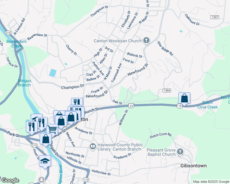 map of restaurants, bars, coffee shops, grocery stores, and more near 44 Pine Street in Canton
