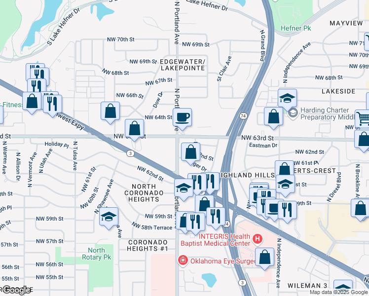 map of restaurants, bars, coffee shops, grocery stores, and more near 3636 Northwest 63rd Street in Oklahoma City