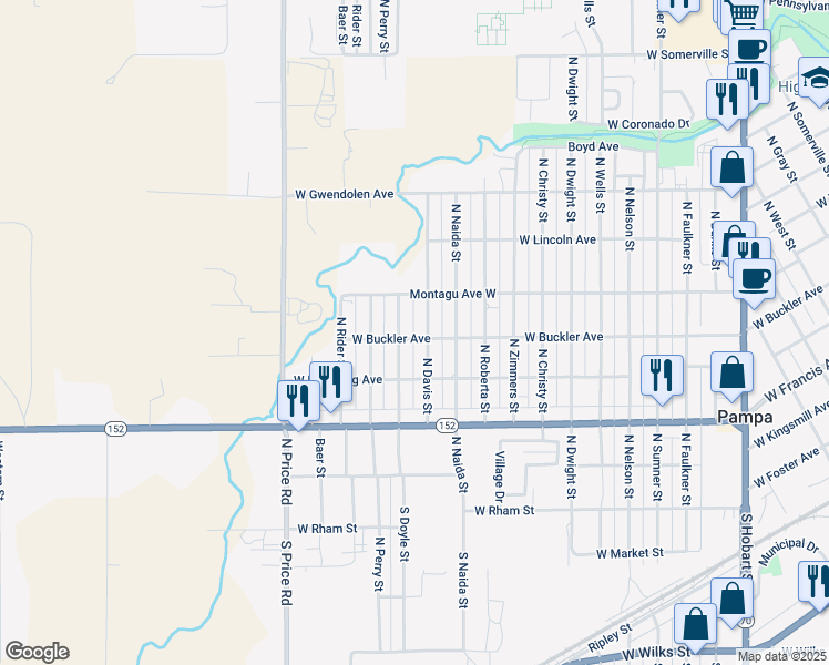 map of restaurants, bars, coffee shops, grocery stores, and more near 501 North Davis Street in Pampa