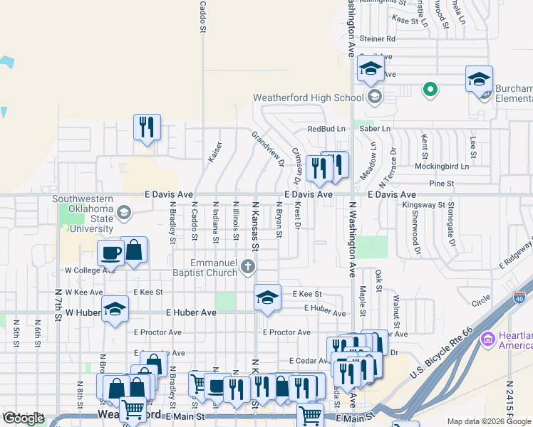map of restaurants, bars, coffee shops, grocery stores, and more near 623 East Arlington Avenue in Weatherford