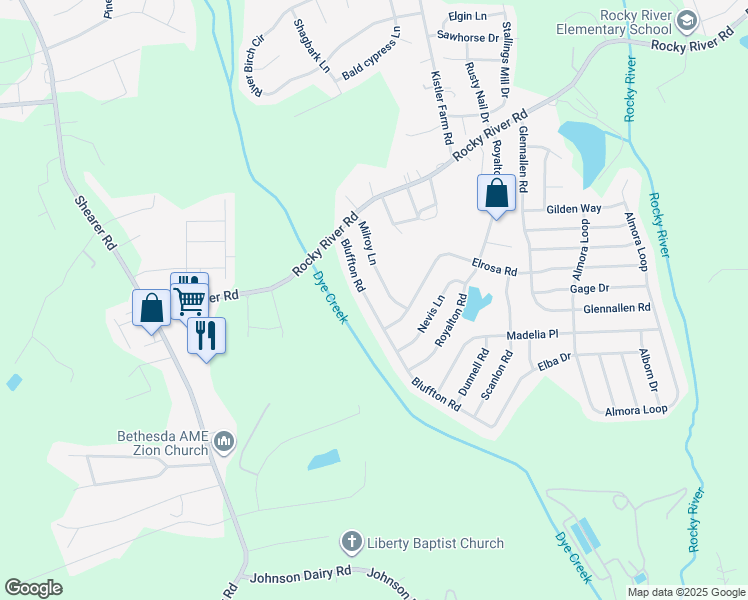map of restaurants, bars, coffee shops, grocery stores, and more near 137 Bluffton Road in Mooresville