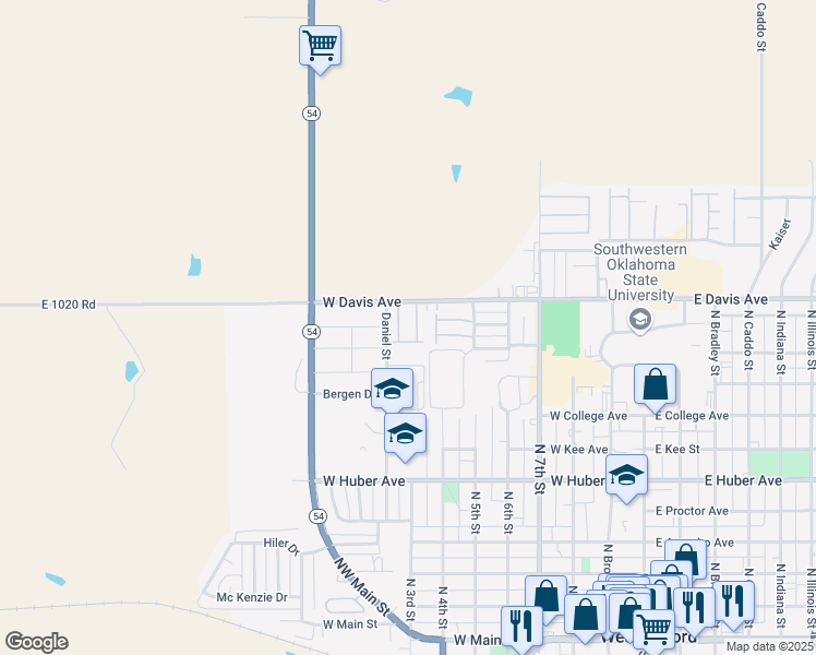 map of restaurants, bars, coffee shops, grocery stores, and more near 800 West Davis Avenue in Weatherford
