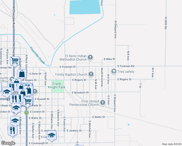 map of restaurants, bars, coffee shops, grocery stores, and more near 239 North M Avenue in El Reno