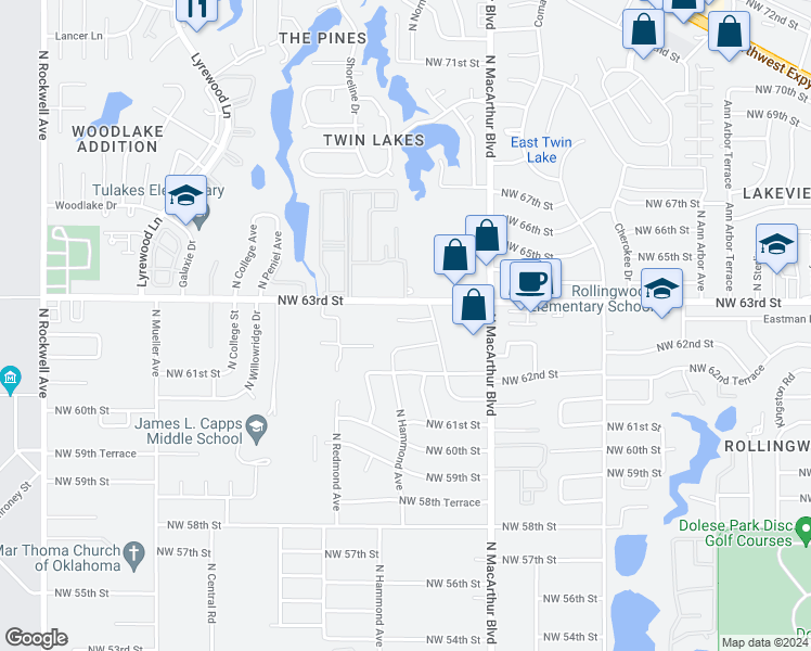 map of restaurants, bars, coffee shops, grocery stores, and more near 5920 Northwest 62nd Terrace in Warr Acres