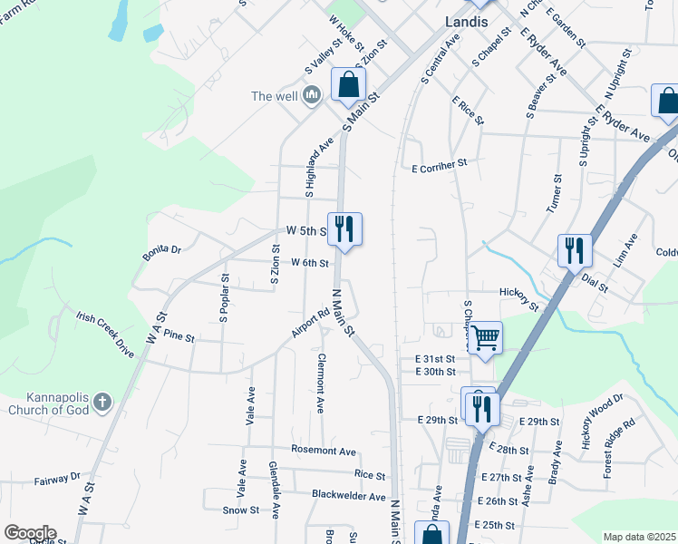 map of restaurants, bars, coffee shops, grocery stores, and more near 3150 Weddington Avenue in Landis