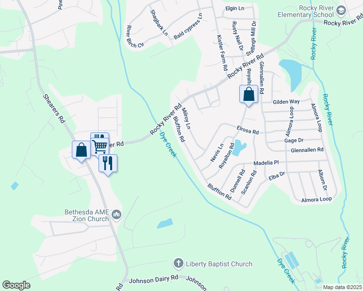 map of restaurants, bars, coffee shops, grocery stores, and more near 134 Bluffton Road in Mooresville