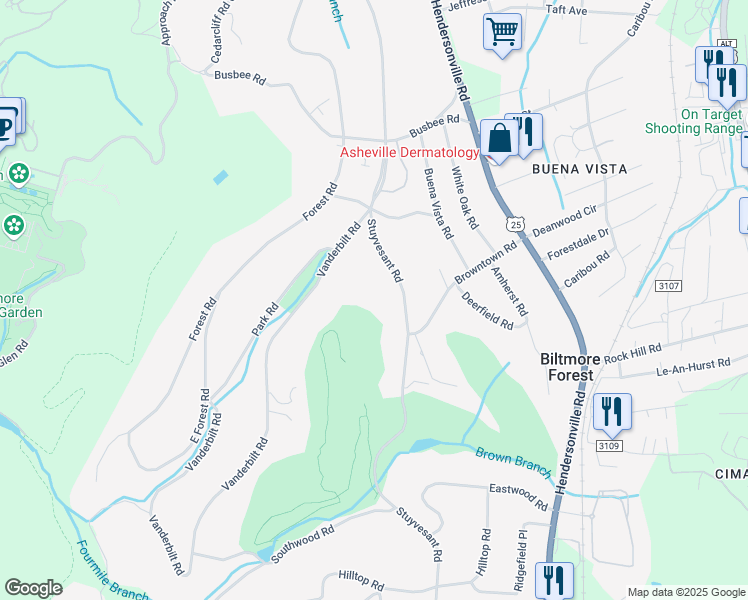 map of restaurants, bars, coffee shops, grocery stores, and more near 11 Stuyvesant Road in Biltmore Forest