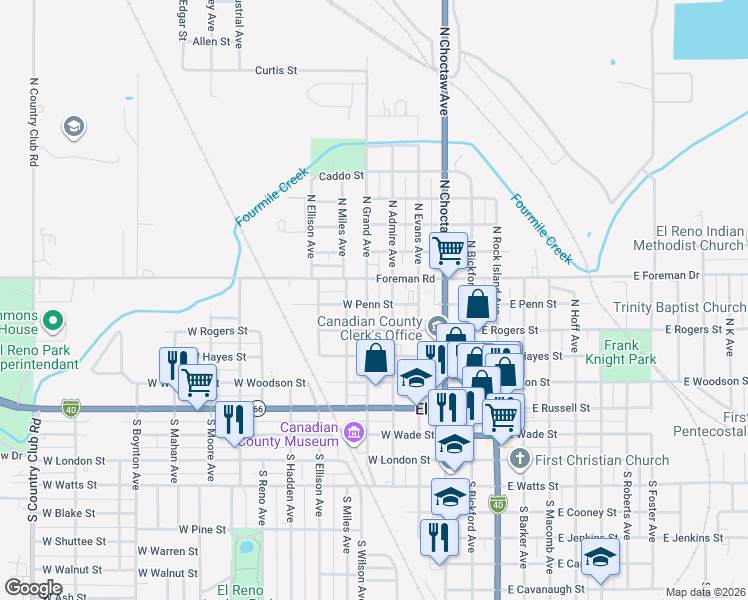 map of restaurants, bars, coffee shops, grocery stores, and more near 421 North Admire Avenue in El Reno