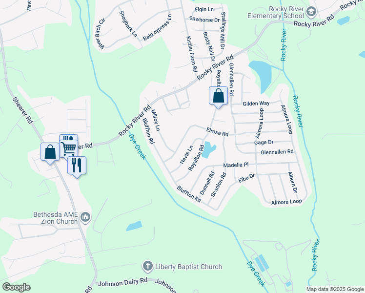 map of restaurants, bars, coffee shops, grocery stores, and more near 124 Elrosa Road in Mooresville